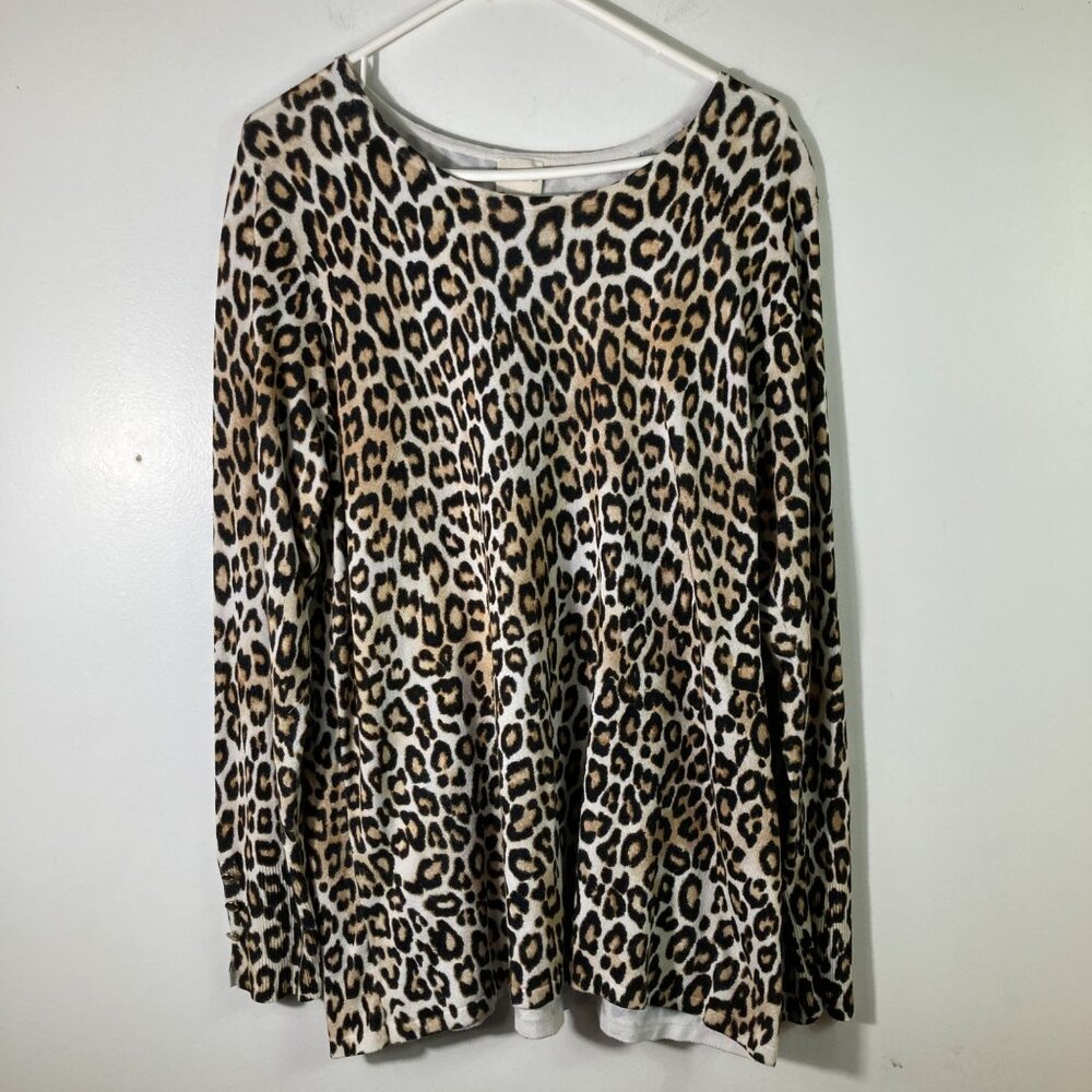 Chico's Leopard Print Scoop Neck Tunic-style Sweater in Brown and Black.
